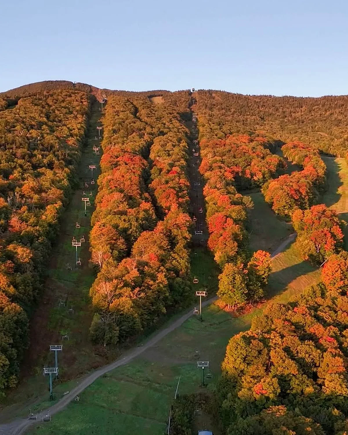 Chairlift line at Sugarbush at sunrise in early fall, running uphill between rows of red and orange maples and green grass