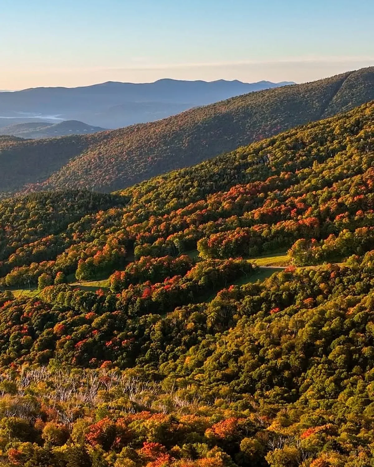 Ridgeline above Sugarbush in early fall, red maples scattered through green forest, with blue mountains and valley fog behind